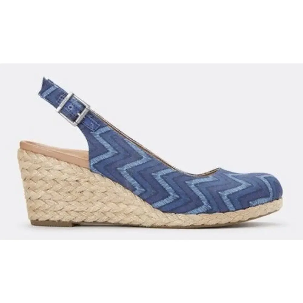 Vionic Coralina Canvas Espadrille Wedge Sandals Size 9.5 Navy Chevron